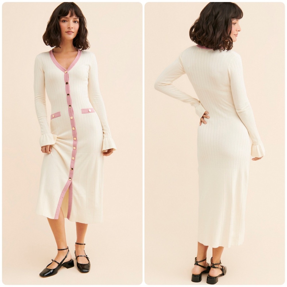 Rachel Parcell Women Ivory Pink Ribbed Knit Preppy Cardigan Midi Sweater Dress S